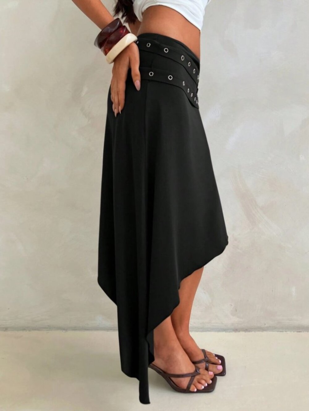 Black Grommet Belt Asymmetric Midi / Mini Skirt - Picture 5 of 8
